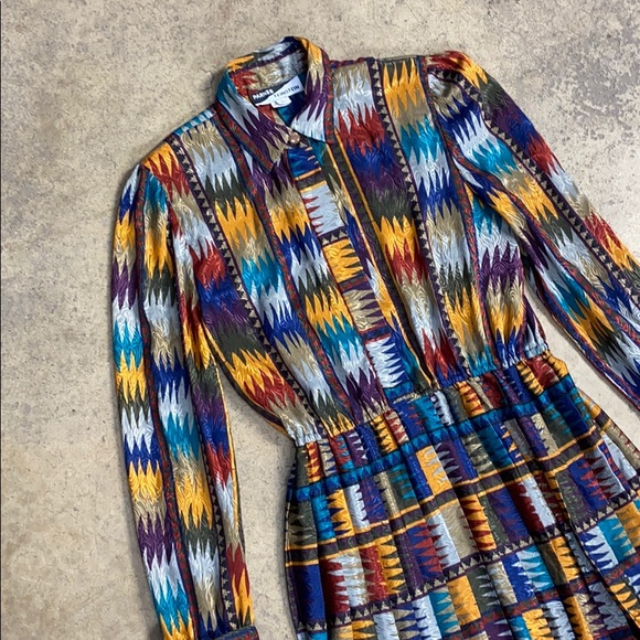 Vintage Fall Jewel Tone Zig Zag Shirtwaist Dress Hot Secretary - Picture 3 of 8